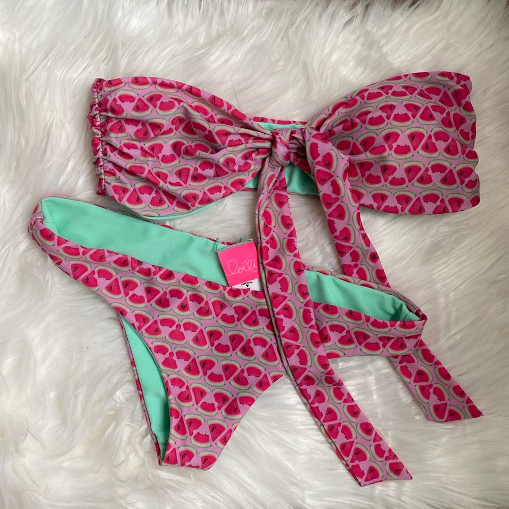 Red Melon Tie-Front Strapless Bandeau Top & Matching Cheeky bikini bottoms
